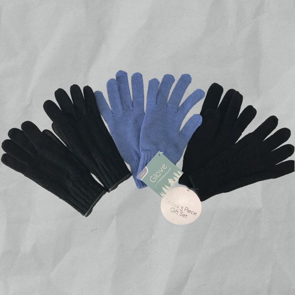 Vintage Women's Gloves Lot of 3 Blue and Black  Polyester/Acrylic/Leather